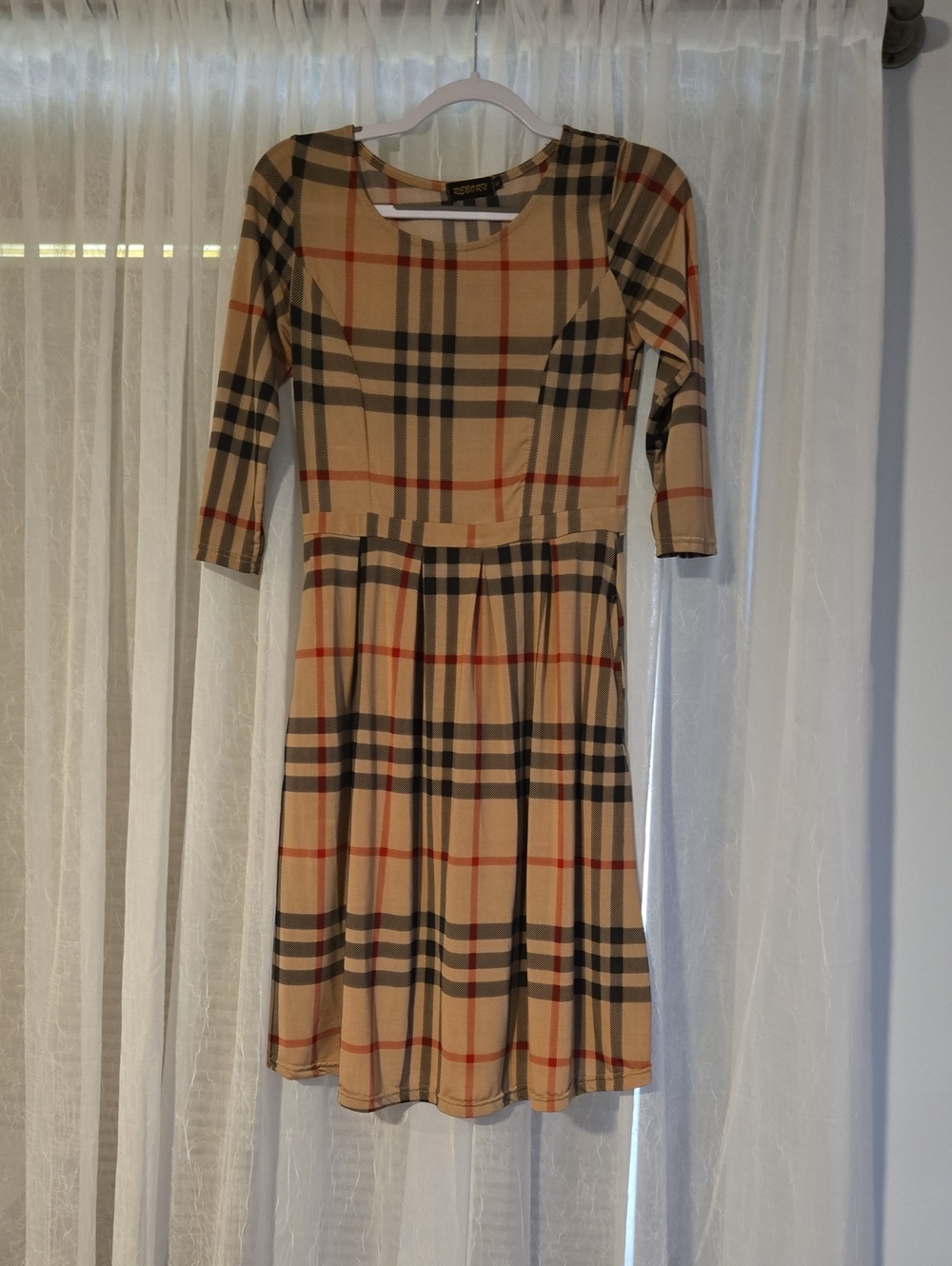 Reborn Beige Plaid Midi Dress with Black and Red Stripes